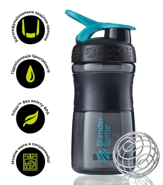 Шейкер спортивний (пляшка) BlenderBottle SportMixer 20oz/590ml Black/Teal (Original) PW1386055485 фото