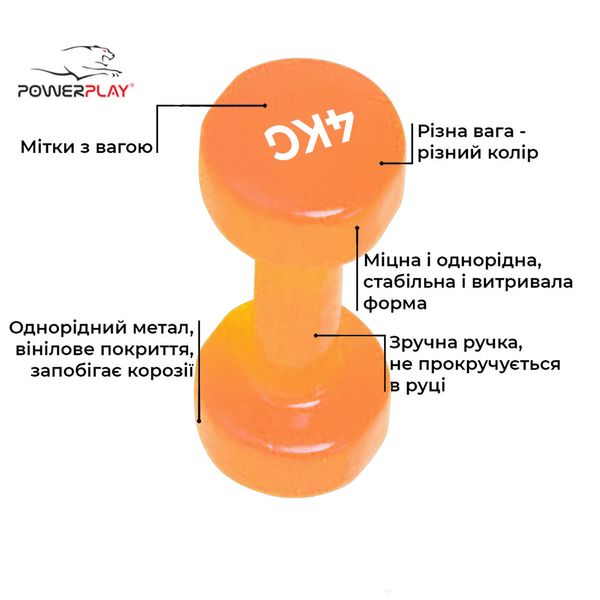 Гантелі вінілові PowerPlay 4125 Achilles 2*4 кг. Помаранчеві (пара - 2шт.) PW1749025547 фото