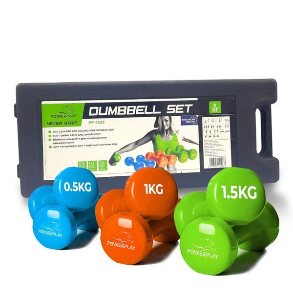 Набір гантелей в кейсі 6 кг. PowerPlay 4103 Fitness Dumbells (2шт.*0,5кг. 2шт.*1кг. 2шт.*1,5кг.) PW770836500 фото